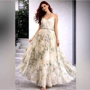 Jenny‎ Yoo Collection Floral Chiffon Maxi Dress Green Cream V-Neck Gown Size 2